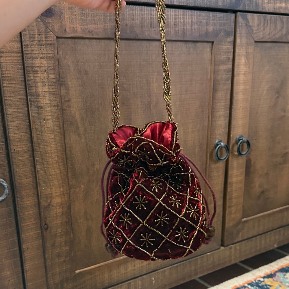 Velvet Drawstring Pouch Bag in Deep Red with Gold Accents
